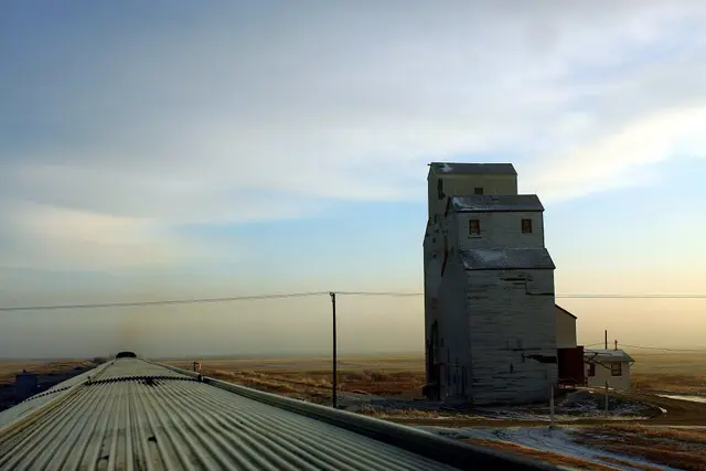 Grain elevator seen from a train roof